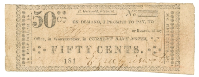 1817 Ezra Griswold Worthington Ohio OH 50c Obsolete Note (64224)