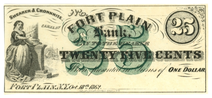 1862 Shearer & Cronkhite Fort Plain New York NY 25c Obsolete Note H-47 (64223)