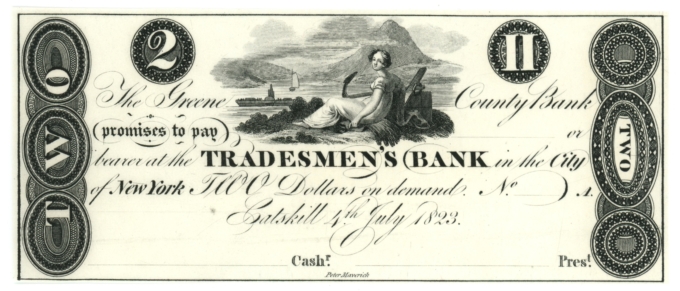 1823 Greene County Bank Catskill New York NY $2 Obsolete Note (64227)