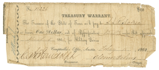 1862 Texas Treasury Warrant Austin TX $1 Note CR-5 Military Service (64232)