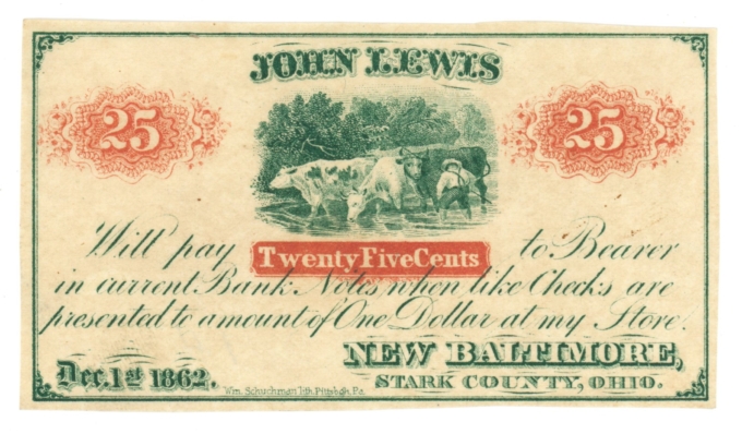 1862 John Lewis New Baltimore Ohio OH 25c Obsolete Scrip (64236)