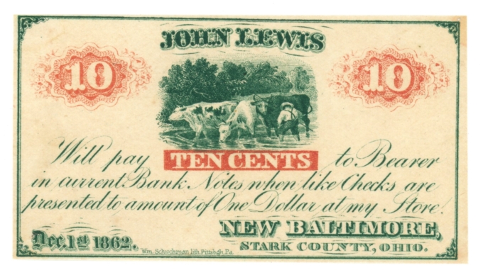 1862 John Lewis New Baltimore Ohio OH 10c Obsolete Scrip (64235)