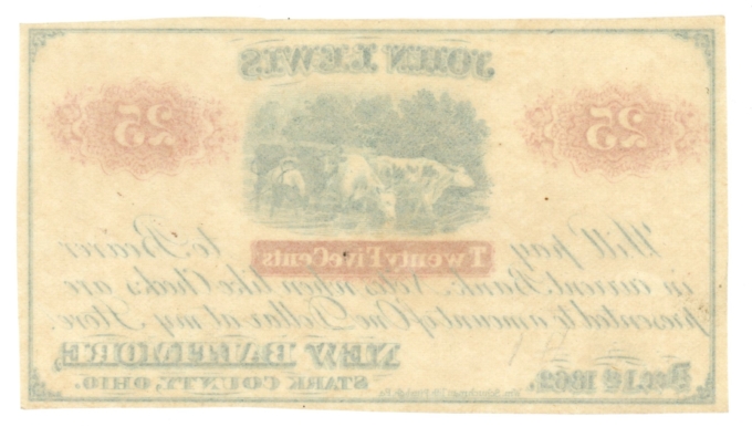 1862 John Lewis New Baltimore Ohio OH 25c Obsolete Scrip (64236)