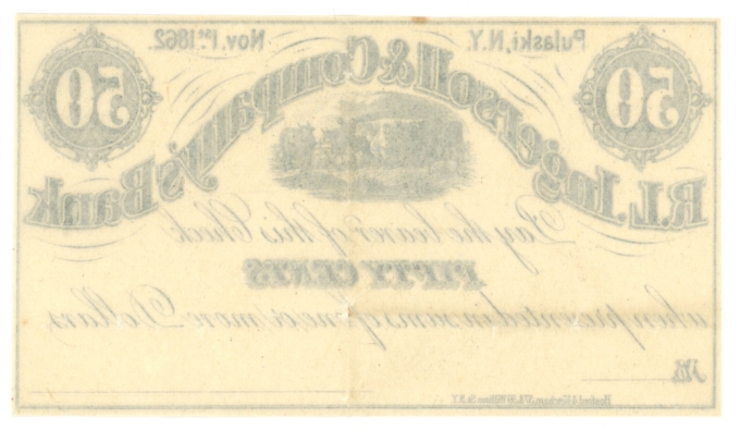 1862 R.L. Ingersoll & Company's Bank Pulaski New York 50c Obsolete Scrip (64241)