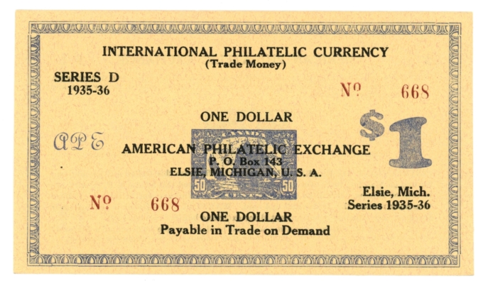 1935-36 International Philatelic Currency Elsie Michigan MI $1 Note (64243OZ)