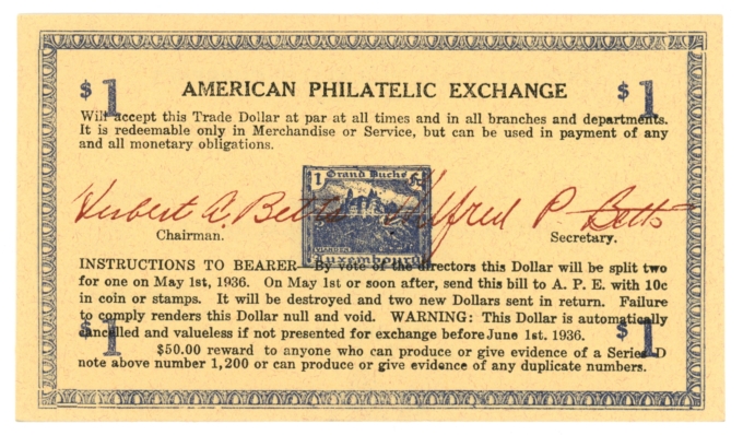 1935-36 International Philatelic Currency Elsie Michigan MI $1 Note (64243OZ)