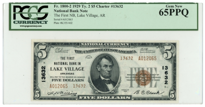 1929 Ty.2 First NB in Lake Village Arkansas AR $5 National Bank Note PCGS 65PPQ