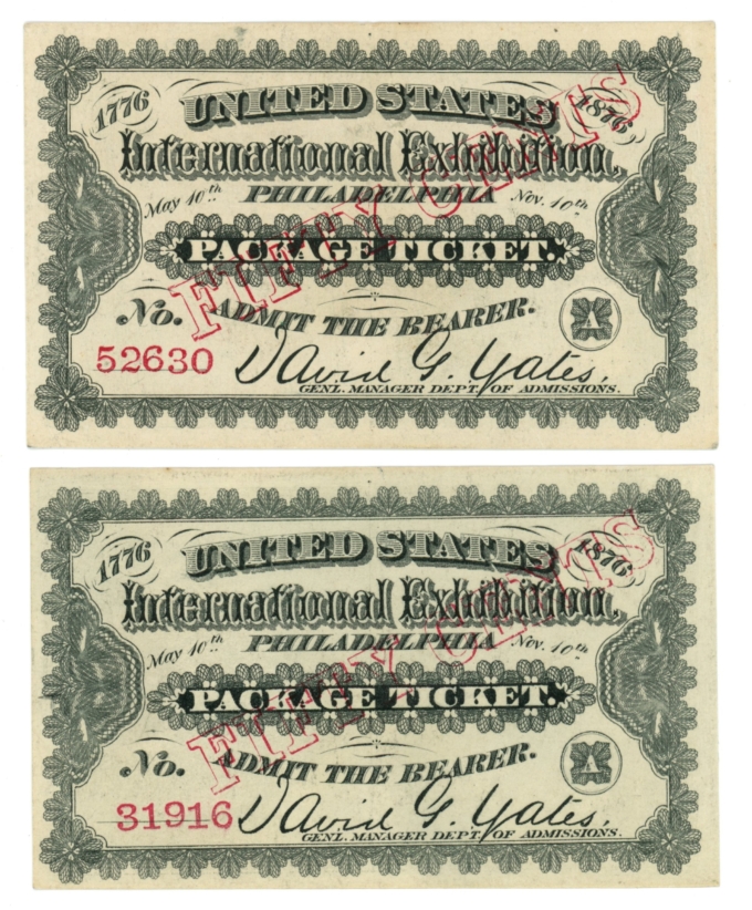 Lot of 2 1876 US International Exhibition Philadelphia PA Package Tickets 64246