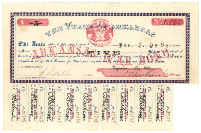 1861 State of Arkansas $5 Arkansas War Bond CR-61J2 - 8% Coupon Bond (64109)