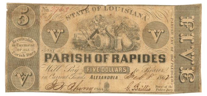 1862 Parish of Rapides Alexandria Louisiana LA $5 Obsolete Note (64255)