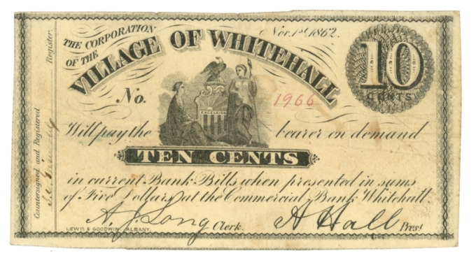 1862 Village of Whitehall New York NY 10c Obsolete Note (64254)