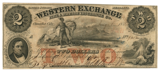 1856 Western Exchange Fire & Marine Insurance Co. Omaha City Nebraska $2 Note