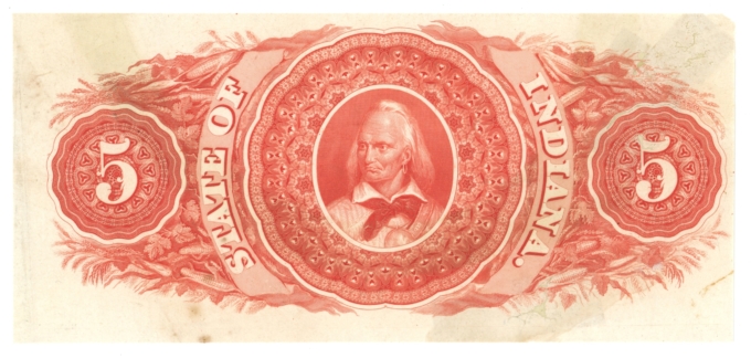 ND Unknown Issuer State of Indiana $5 Obsolete Back Proof UNL Chief Red Jacket? (64286)