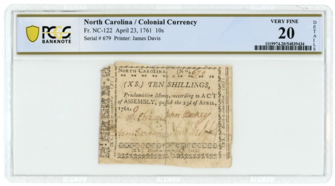 1761 10 Shillings North Carolina Colonial Currency Fr.NC-122 PCGS VF20 Details