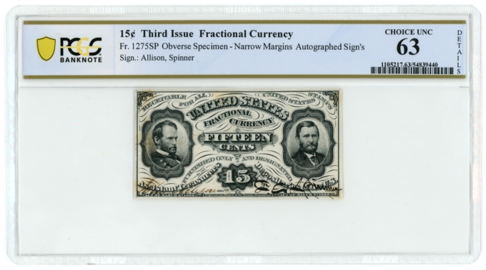 FR-1275SP 15c Fractional Currency Note Obverse Specimen Auto Sig PCGS 63 Details