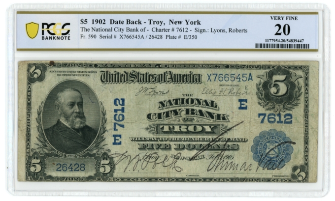 1902 DB National City Bank of Troy NY $5 NBN Ch#7612 PCGS 20 NO DB ON CENSUS