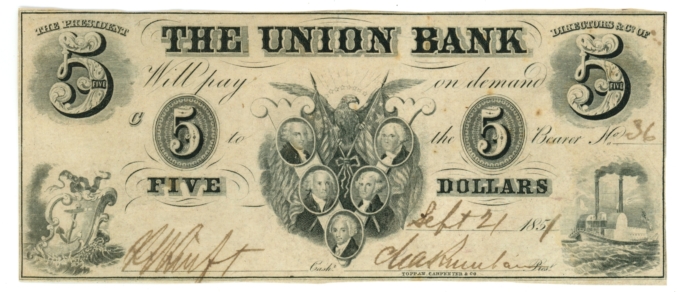 1851 Union Bank Providence RI $5 Obsolete - Spurious Note Template (64308)