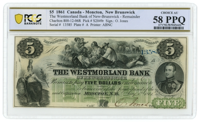 1861 Westmorland Bank of New Brunswick Canada $5 Note PCGS AU58PPQ P-S2049r