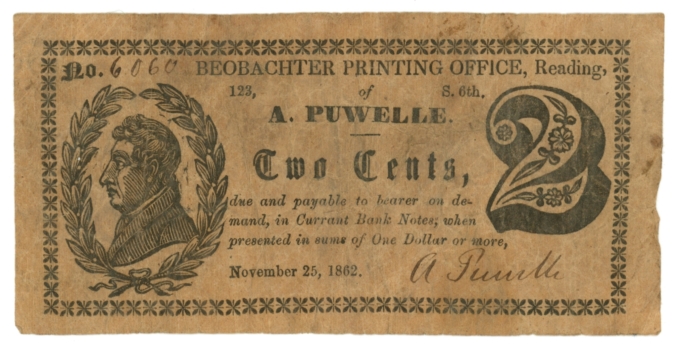 1862 A Puwelle Reading Pennsylvania PA 2c Obsolete Note (64069)