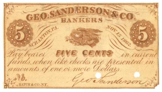 1862 Geo Sanderson & Co Bankers Scranton Pennsylvania PA 5c Obsolete Note 64068