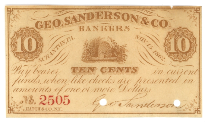 1862 Geo Sanderson & Co Bankers Scranton Pennsylvania PA 10c Obsolete Note 64067