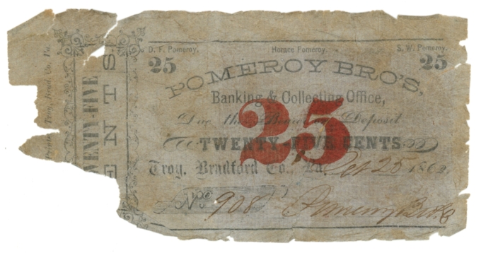 1862 Pomeroy Bros Banking & Collecting Office Troy Pennsylvania 25c Note RARE