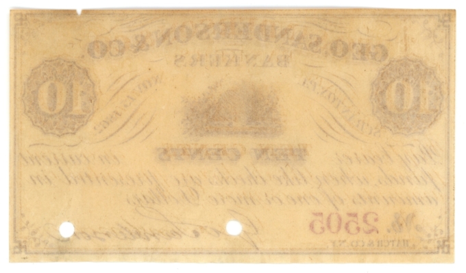 1862 Geo Sanderson & Co Bankers Scranton Pennsylvania PA 10c Obsolete Note 64067