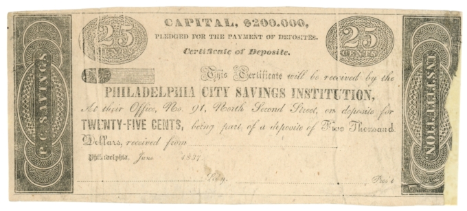1837 Philadelphia City Savings Institution Pennsylvania PA 25c Note (64072)