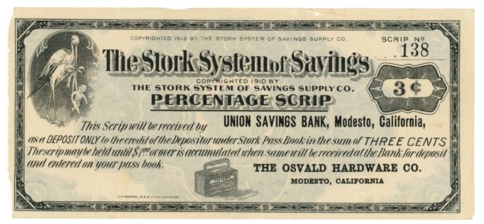1910s Osvald Hardware Co Modesto California 3c Scrip Stork System (64075)