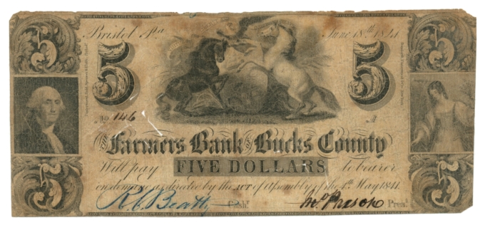 1841 Farmers Bank of Bucks County Bristol Pennsylvania $5 Obsolete Note (64105)