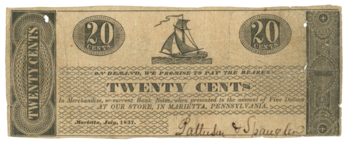 1837 Barr Spangler Marietta Pennsylvania 20c Obsolete Scrip H216-32 (64106)
