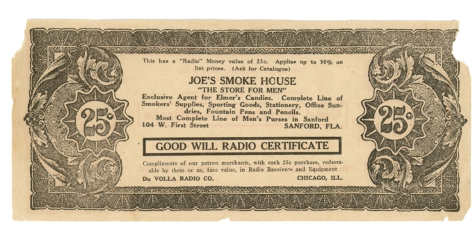 Du Volla Radio Company Chicago Illinois 25c Good Will Radio Certificate (A0016)