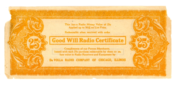 Du Volla Radio Company Chicago Illinois 25c Good Will Radio Certificate (A0016)