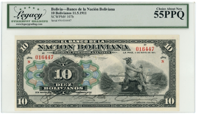 1911 Bolivia Banco de la Nacion Boliviana 10 Bolivianos Legacy AU 55PPQ (A0023)