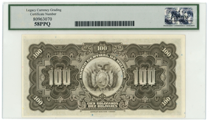 1911 Bolivia Banco de la Nacion Boliviana 10 Bolivianos Legacy AU 55PPQ (A0023)