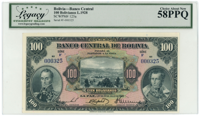 1928 Bolivia Banco Central de Bolivia La Paz 100 Bolivianos Legacy AU 58PPQ