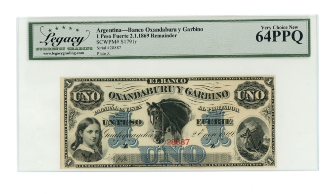 1869 Banco Oxandaburu y Garbino Argentina 1 Peso Legacy UNC 64PPQ SCWPM#S1791r