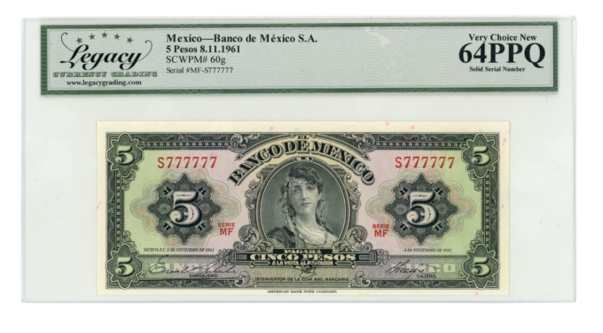 1961 Banco de Mexico S.A. 5 Pesos All 7's Serial Number - Legacy UNC 64PPQ