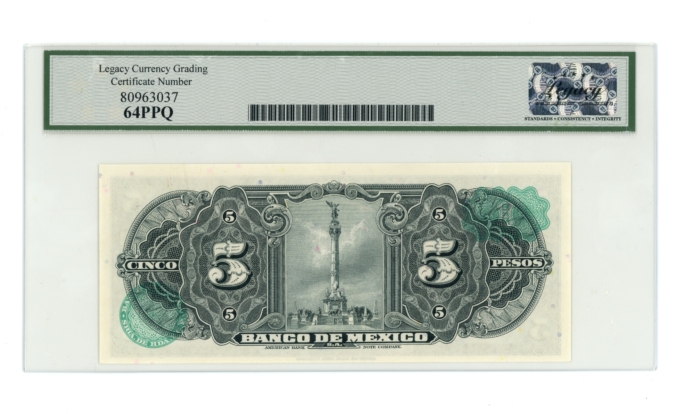 1961 Banco de Mexico S.A. 5 Pesos All 7's Serial Number - Legacy UNC 64PPQ