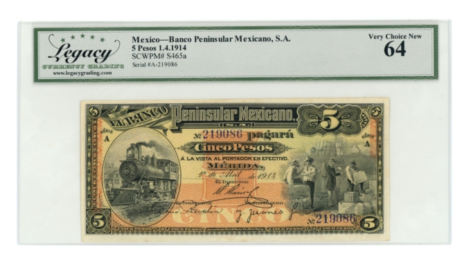 1914 SCWPM#S465a Mexico Banco Peninsular Mexicano 5 Pesos Legacy 64 (A0033)