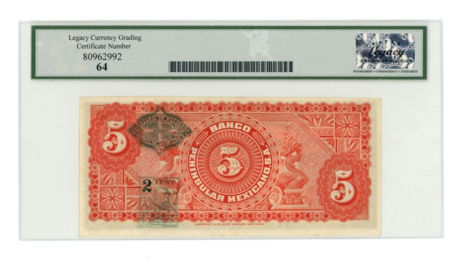 1914 SCWPM#S465a Mexico Banco Peninsular Mexicano 5 Pesos Legacy 64 (A0033)