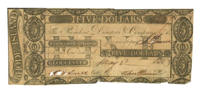 1808 Farmers Exchange Bank Gloucester Rhode Island RI $5 Obsolete Note (A0056)