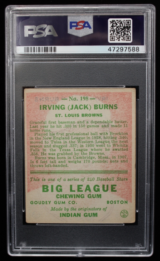 1933 Goudey #198 Jack Burns St. Louis Browns Card PSA VG-EX 4 (63668)