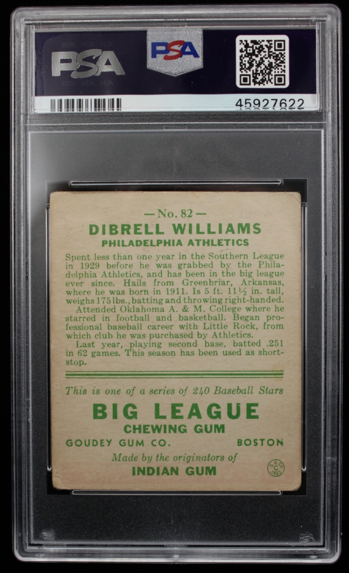 1933 Goudey #82 DiBrell Williams Philadelphia Athletics Card PSA G+ 2.5 (63673)