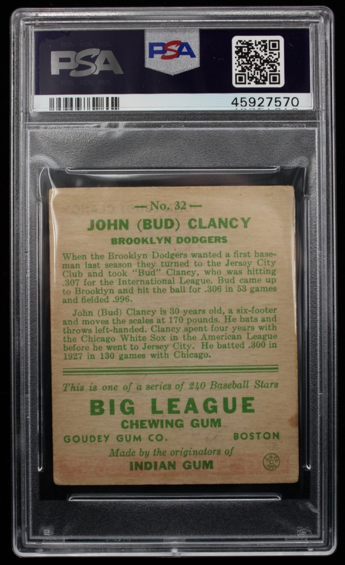 1933 Goudey #32 Bud Clancy Brooklyn Dodgers PSA VG 3 (63674)