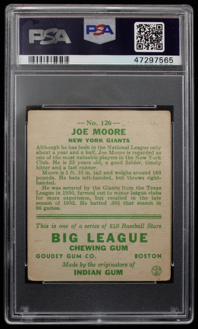 1933 Goudey #126 Joe Moore New York Giants Card PSA VG 3 (63677)