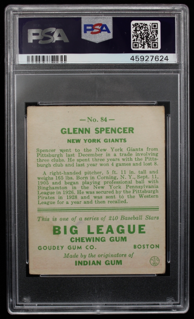 1933 Goudey #84 Glenn Spencer New York Giants Card PSA VG+ 3.5 (63678)
