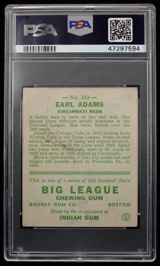 1933 Goudey #213 Earl (Sparky) Adams Cincinnati Reds Card PSA VG 3 (63679)
