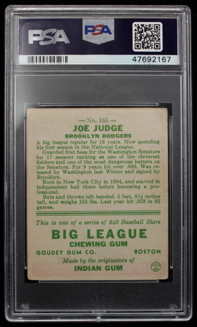 1933 Goudey #155 Joe Judge Brooklyn Dodgers Card PSA VG+ 3.5 (63680)