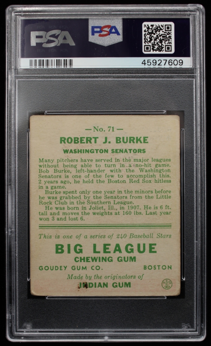 1933 Goudey #71 Robert J. Burke Washington Senators Card PSA G+ 2.5 (63681)